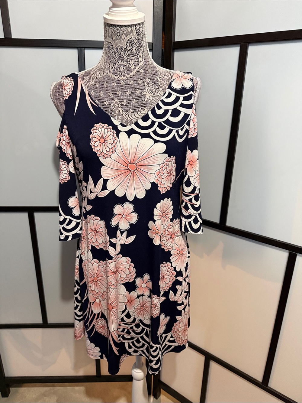 connected apparel Navy One-Shoulder Floral Dress with Blush Accents